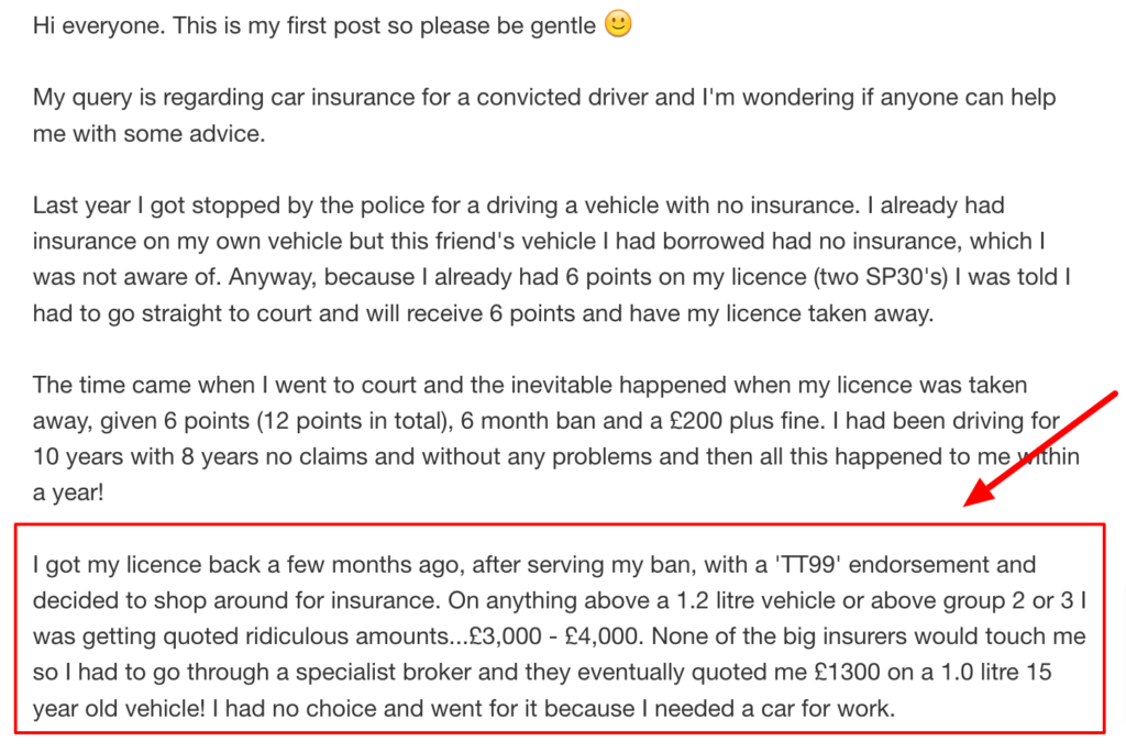 Cheap car insurance for banned drivers TT99 - a success story
